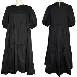 Zara Tiered Poplin Puff Sleeve Midi Dress In Black